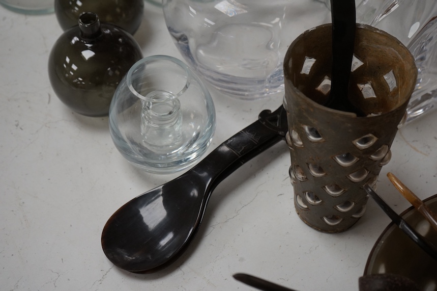 Sundry items to include two 19th century stoneware jars, ''I C Hoffman Strawberry Jam'' & ''I C Hoffman Rassberry Jam glassware, and a quantity of Indonesian carved horn or coconut spoons, largest 25cm high. Condition -